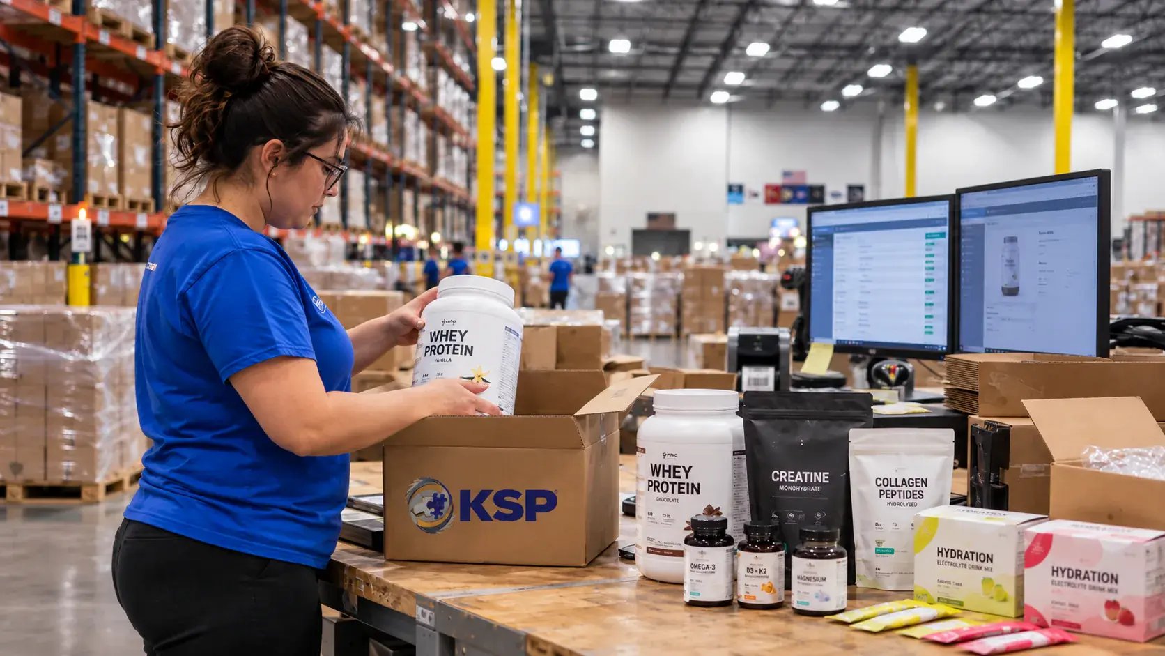 Supplement cases with lot and expiry labels on racking at KSP