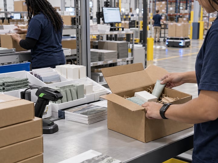 KSP team assembling and quality-checking ecommerce kits in a fulfillment center KSP team assembling and quality-checking ecommerce kits in a fulfillment center