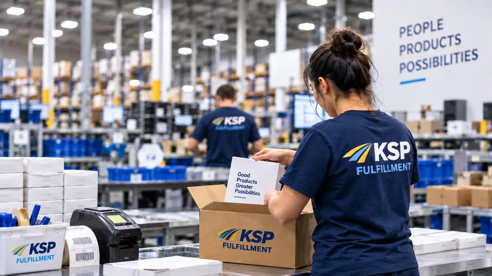 KSP Fulfillment team member packing products at a warehouse workstation