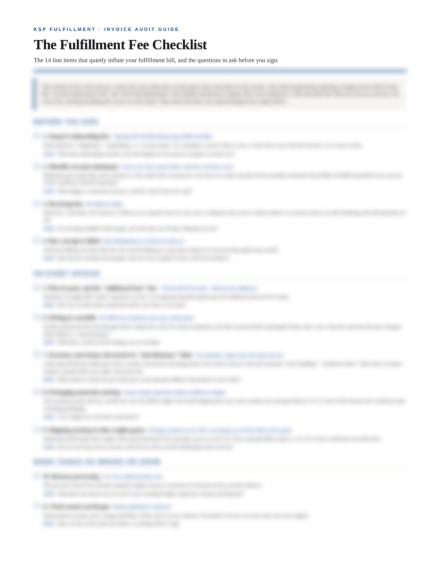 Page one of the KSP Fulfillment Fee Checklist PDF: fee lines 1 to 11, each with a typical range and the question to ask before you sign