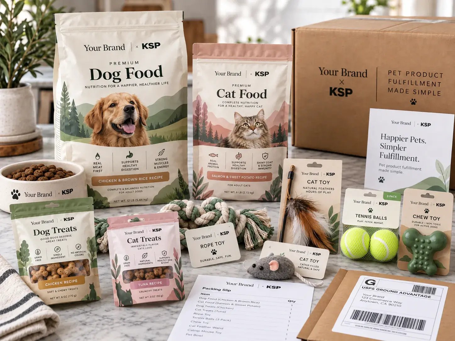 Private-label dog food, cat food, treats and pet toys laid out with a packing slip and shipping box for pet product fulfillment