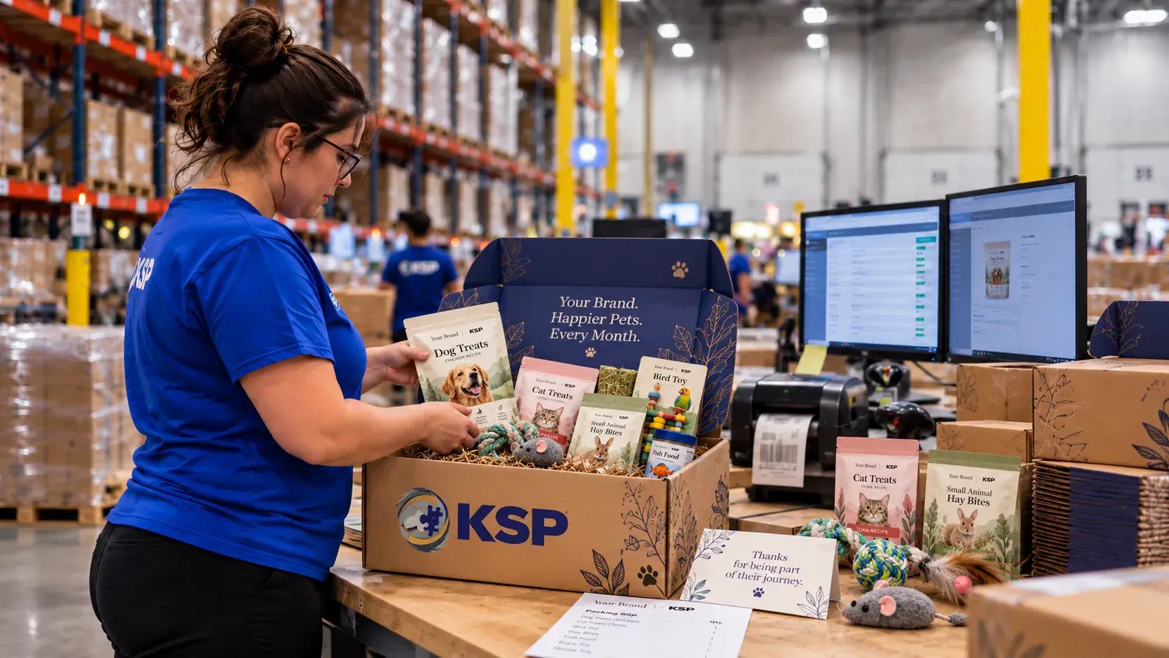 KSP warehouse associate packing a branded pet subscription box with treats and toys at a fulfillment station
