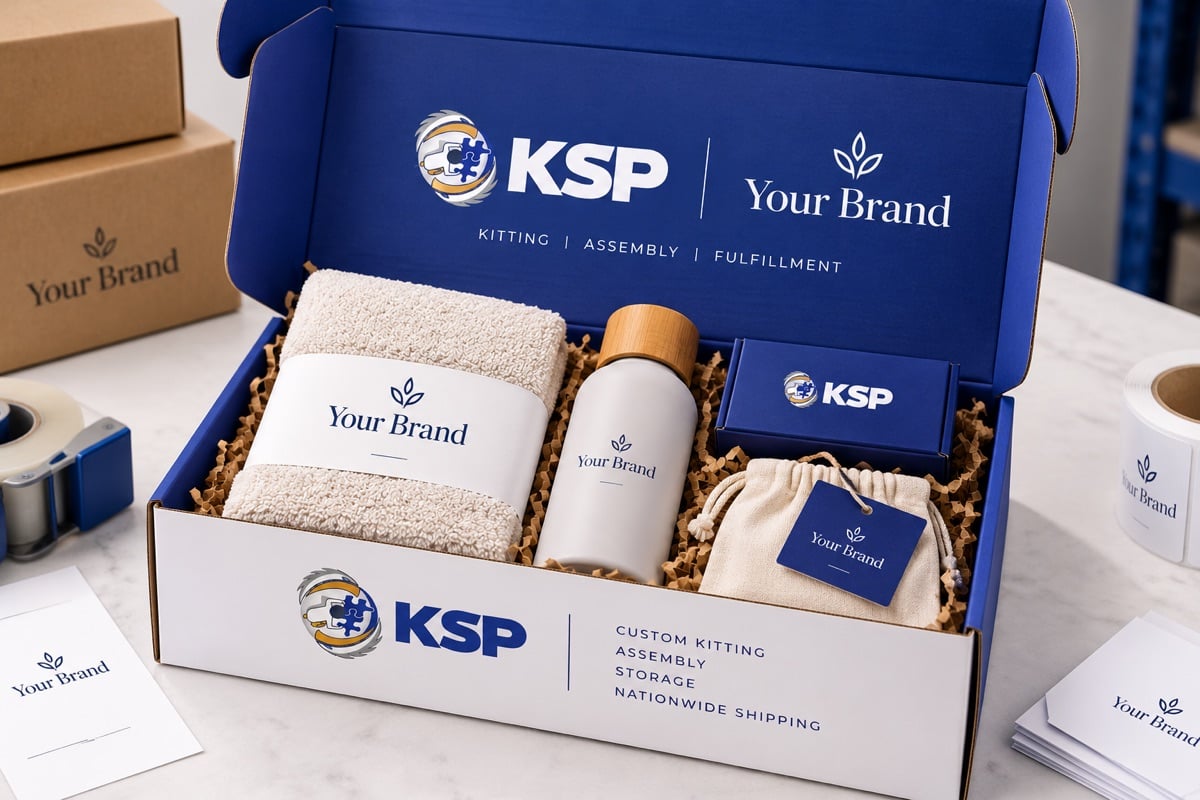 Blue KSP-branded sample kit box with packaged products