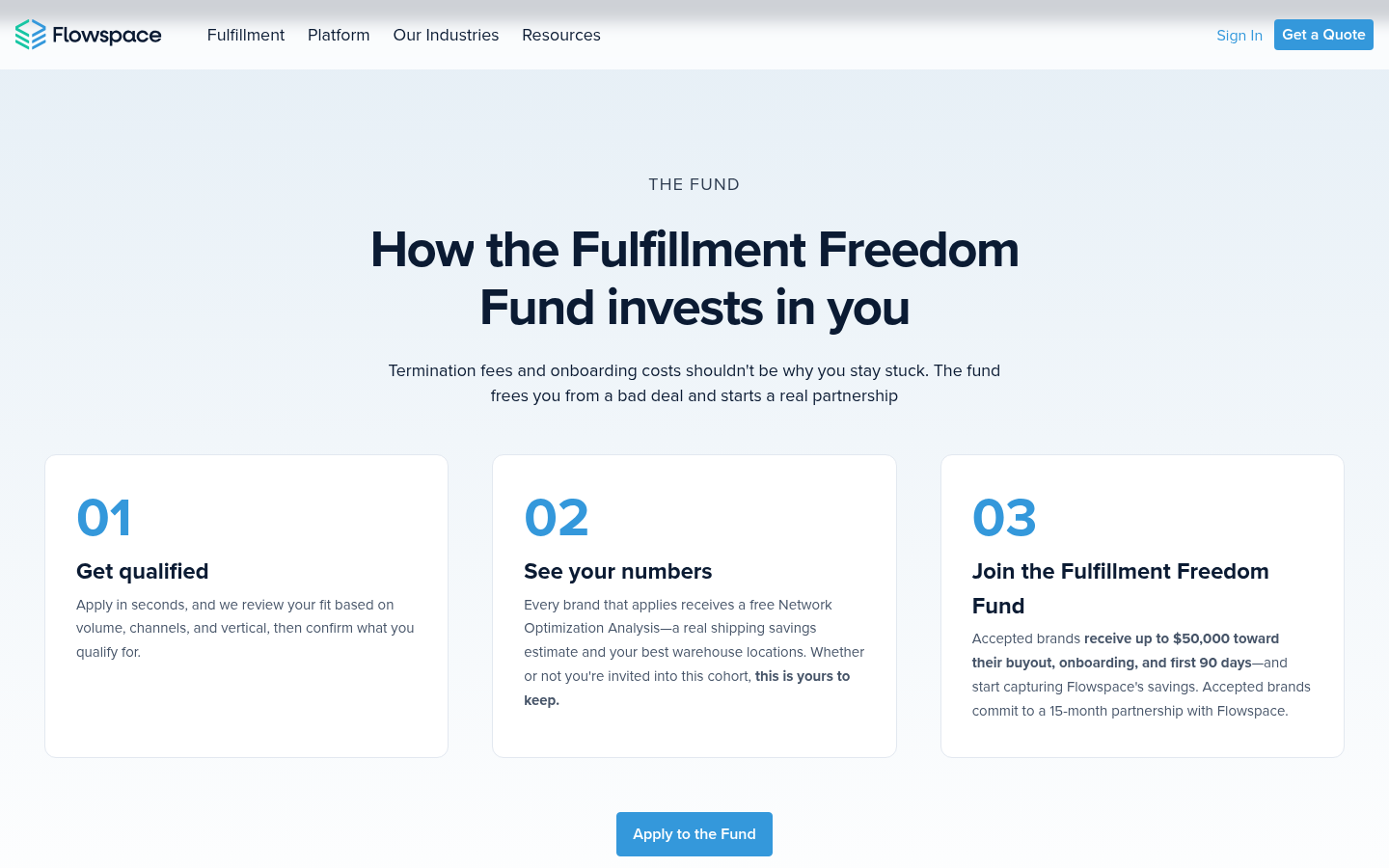 Flowspace Fulfillment Freedom Fund page stating accepted brands commit to a 15-month partnership