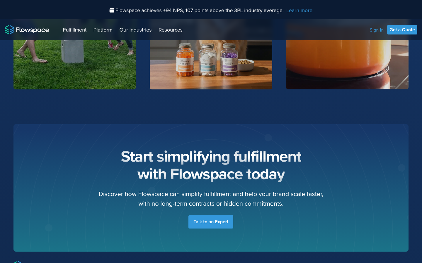 Flowspace homepage CTA reading with no long-term contracts or hidden commitments