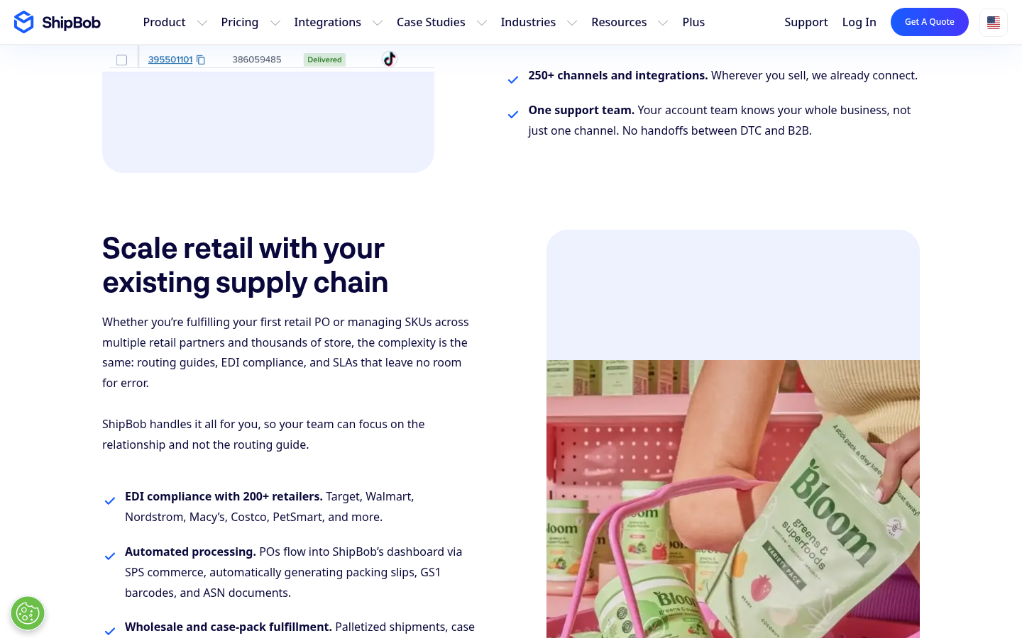 ShipBob omnichannel page listing EDI compliance with 200+ retailers including Target, Walmart and Costco
