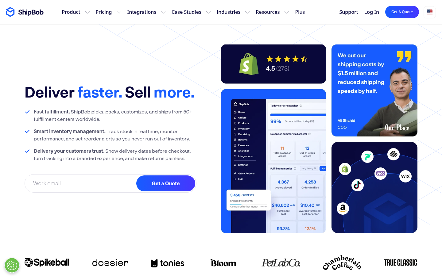 ShipBob homepage hero with the headline Deliver faster. Sell more. and a Shopify App Store rating badge