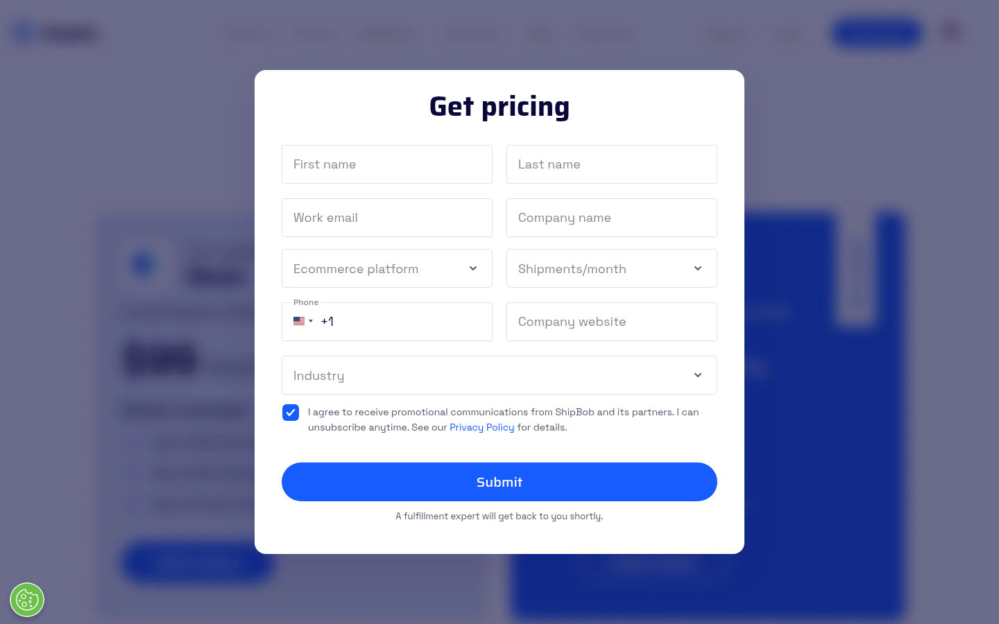 ShipBob pricing page showing only a Get pricing quote form with no published prices