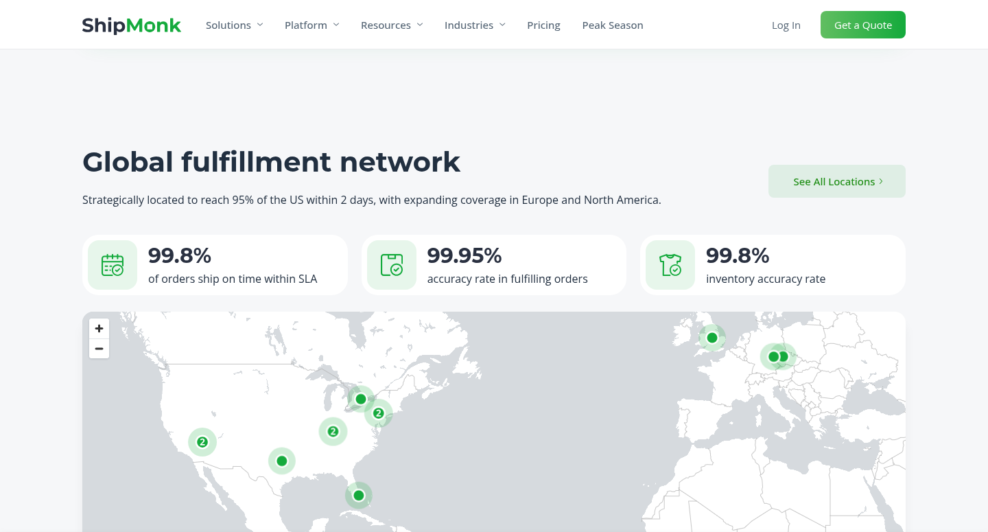 ShipMonk homepage stats block showing 99.95% accuracy rate in fulfilling orders, next to 99.8% on-time and 99.8% inventory accuracy