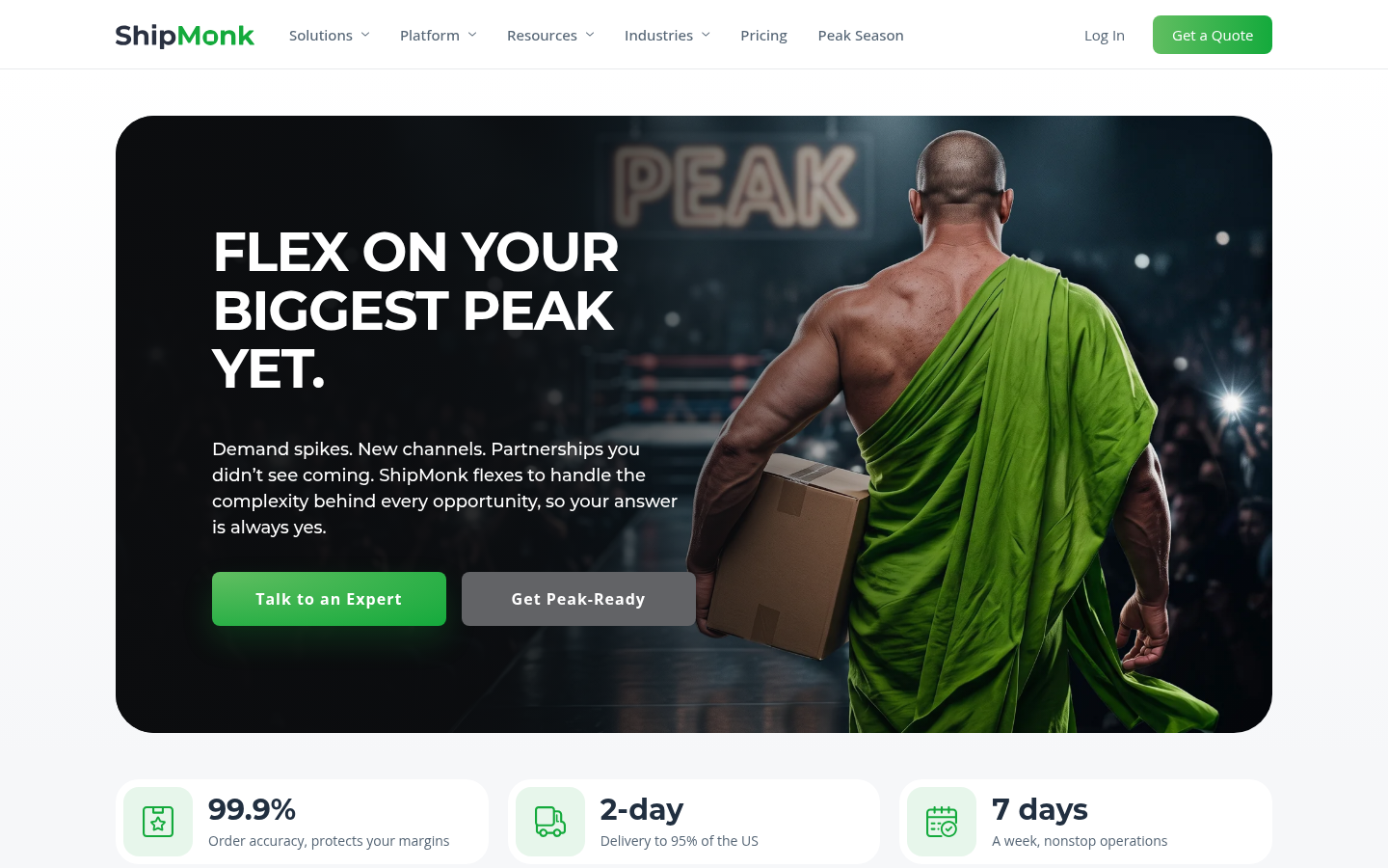 ShipMonk homepage showing 99.9% order accuracy, 2-day delivery to 95% of the US and 7-day operations