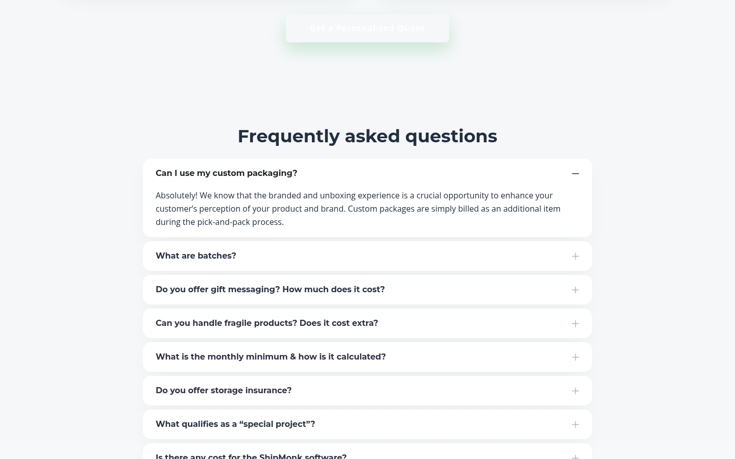 ShipMonk pricing FAQ with the question What is the monthly minimum and how is it calculated