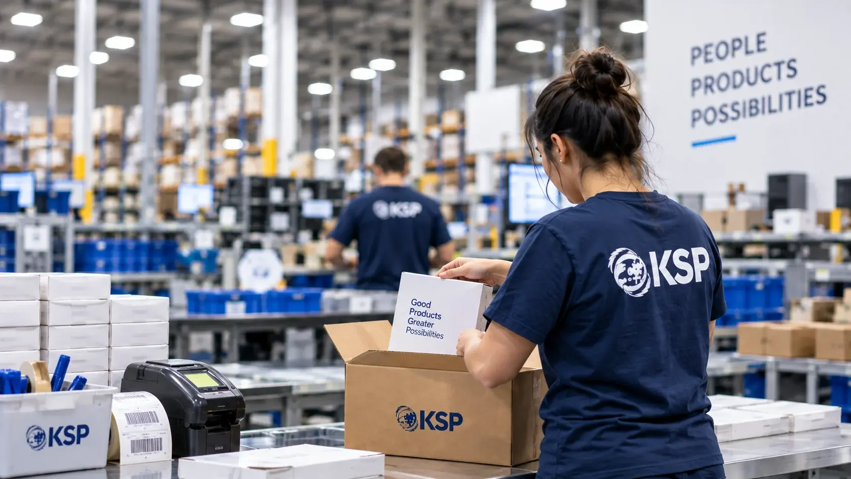 KSP Fulfillment team member packing an order at a warehouse pack station